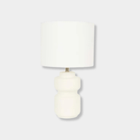 GlobeWest Emery Bodhi Table Lamp with dune unglazed ceramic base and linen sand shade, modern geometric design.