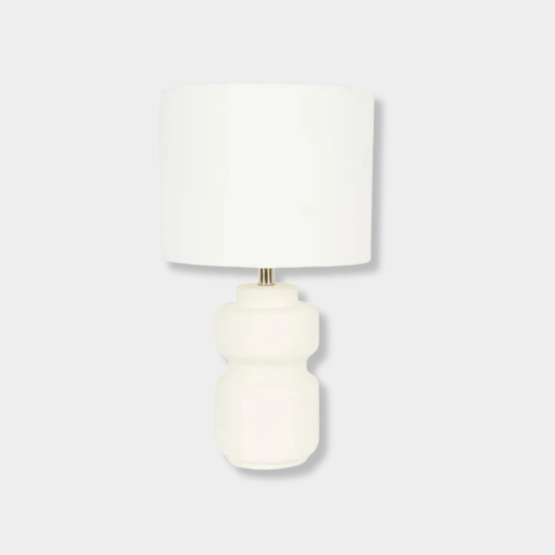 GlobeWest Emery Bodhi Table Lamp with dune unglazed ceramic base and linen sand shade, modern geometric design.