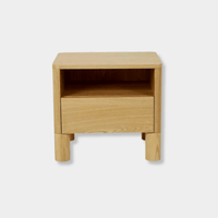 GlobeWest Artie Open Bedside in natural ash with one drawer and open shelf, timber veneer, rounded pillar legs, modern design