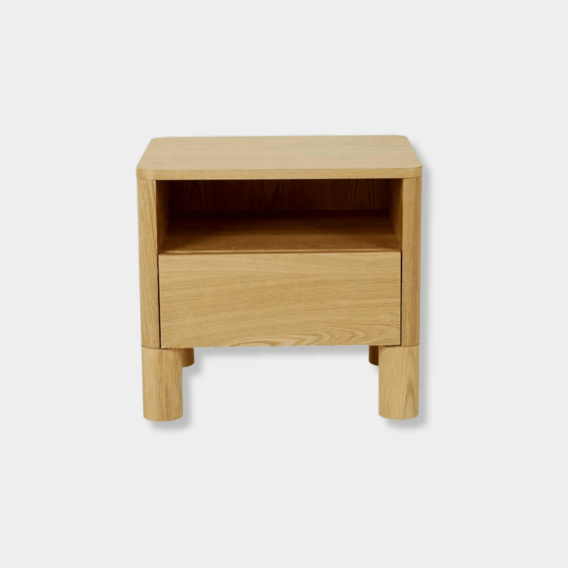 GlobeWest Artie Open Bedside in natural ash with one drawer and open shelf, timber veneer, rounded pillar legs, modern design