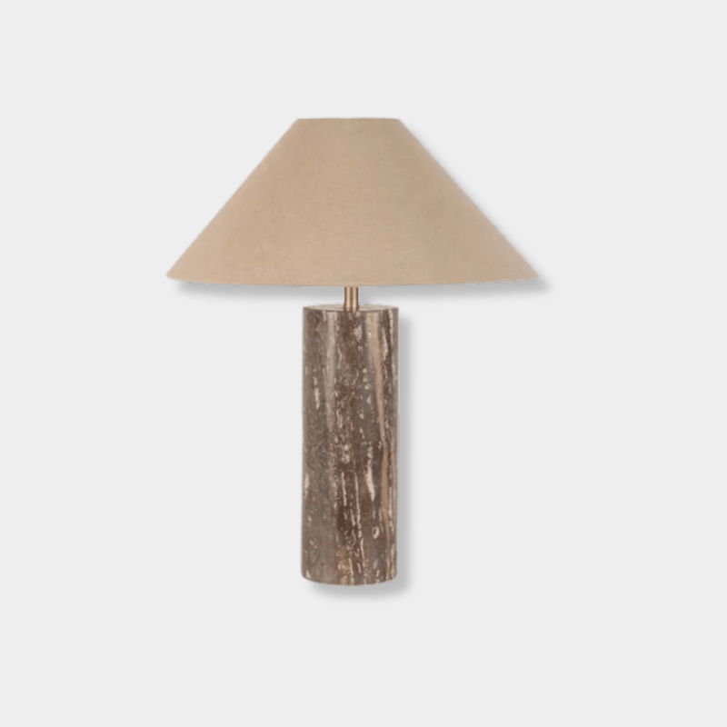 Easton Aurora Table Lamp with mocha travertine cylindrical base and natural latte linen shade