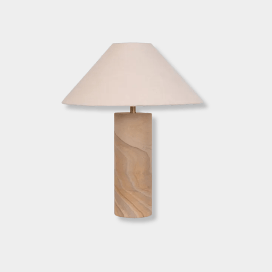 GlobeWest Easton Aurora Table Lamp with rainbow sandstone cylindrical base and snow white fabric shade