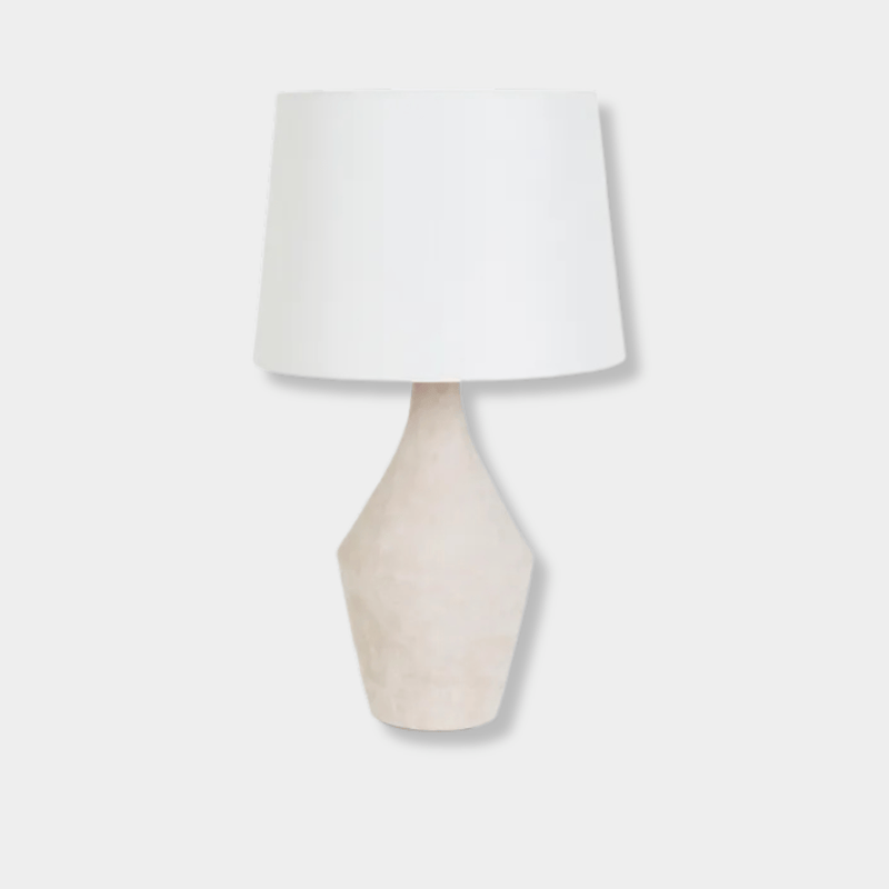 GlobeWest Lorne Shore Table Lamp with sandy chalk ceramic base and ivory cotton/linen drum shade
