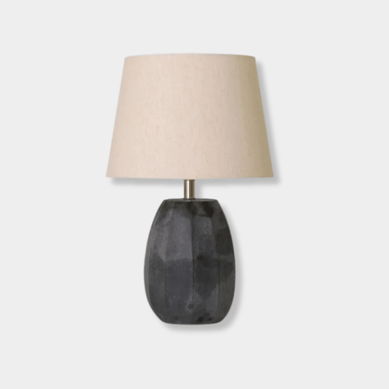 GlobeWest Emery Drum Table Lamp Small with hand-etched slate base and natural linen drum shade in slate and natural colors