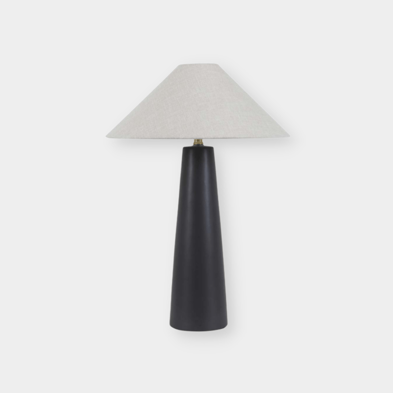 Globe West Lorne Canopy Table Lamp with tall black metal base and oatmeal cotton-linen shade for modern lighting