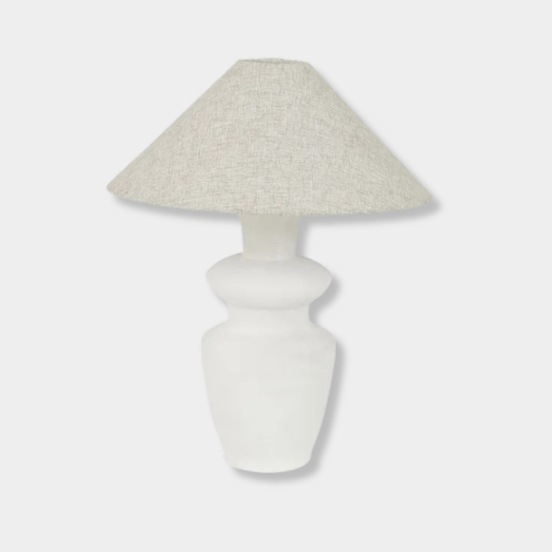 GlobeWest Lorne Bronte Table Lamp with ceramic rustic white base and oatmeal fabric shade