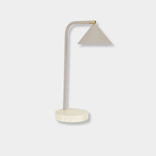 GlobeWest Easton Horizon Desk Lamp with travertine marble base and taupe metal adjustable shade.