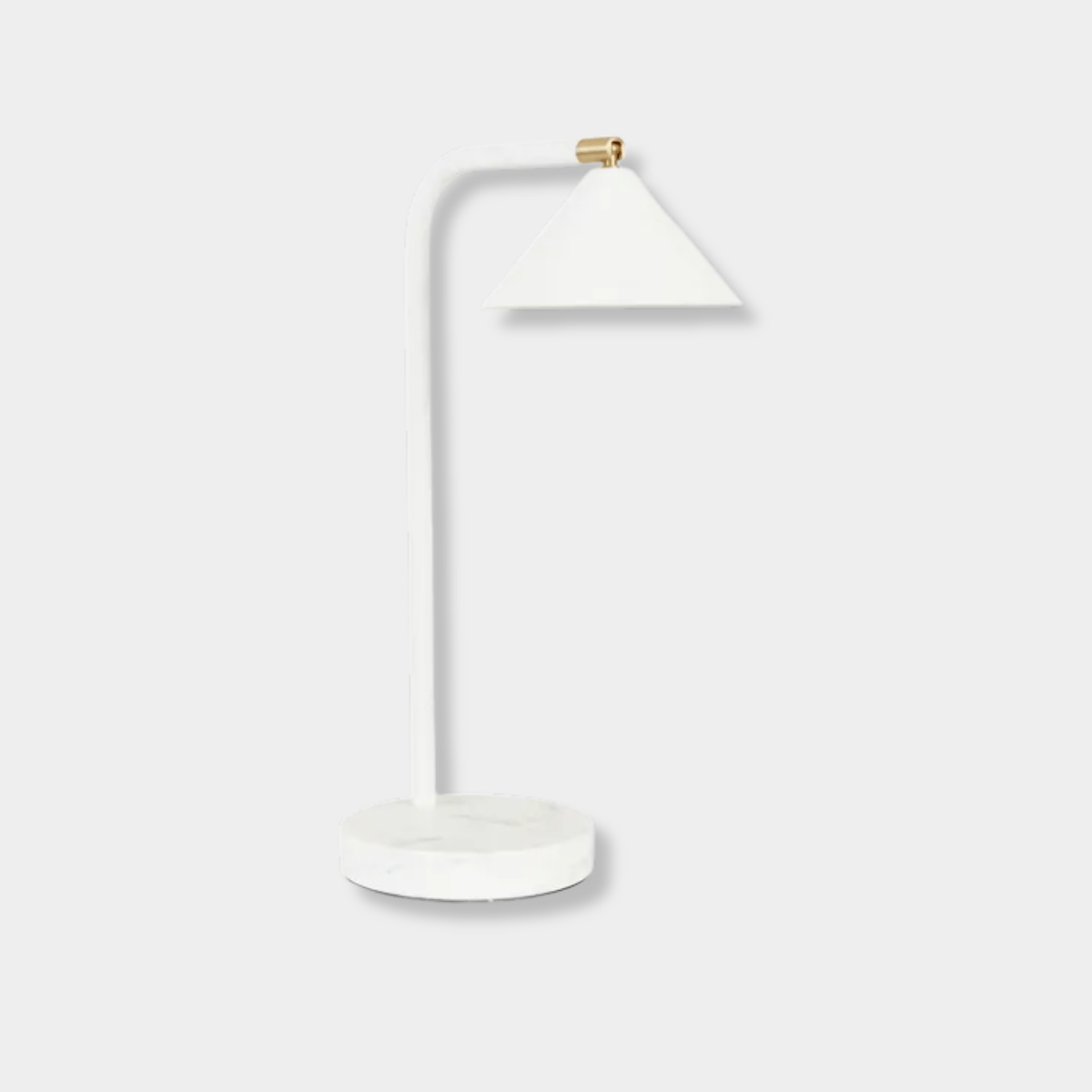 Easton Horizon Desk Lamp with white marble base and white metal shade, minimalist modern design.