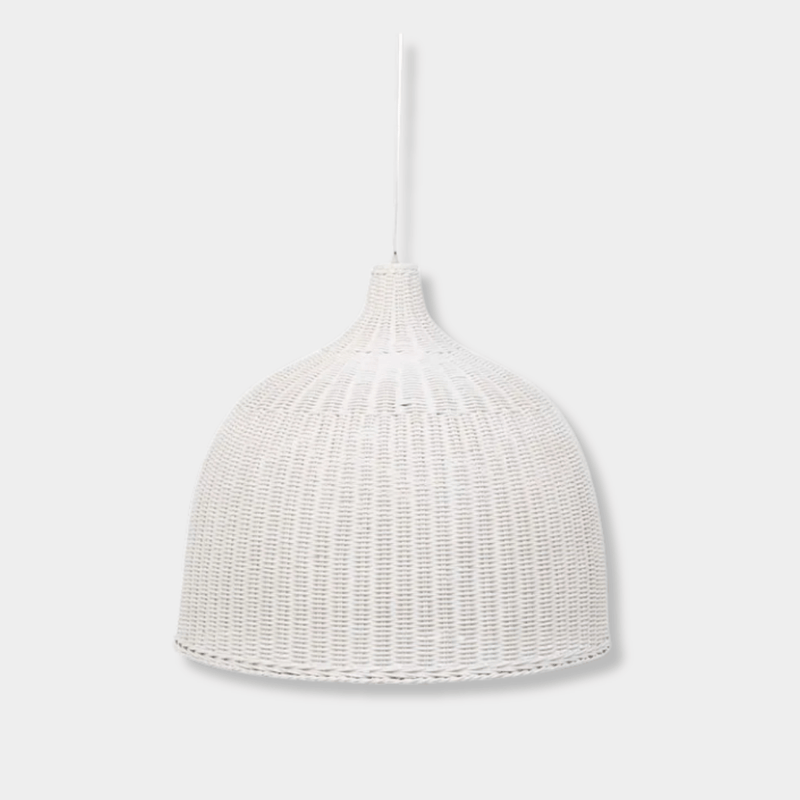 GlobeWest Aubrey Woven Pendant Light in white handwoven rattan with iron matt white canopy and white fabric cord.
