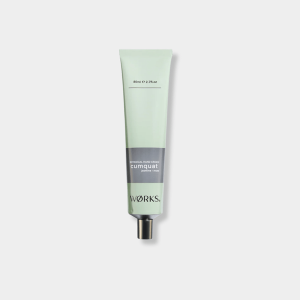Works Hand Cream Tube Cumquat 80ml in recyclable aluminium packaging with vegan, moisturizing formula and fresh floral scent