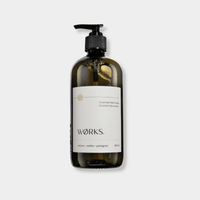 Works Hand Soap Vetiver 500ml in refillable smoky grey glass bottle with natural botanical ingredients and pump dispenser