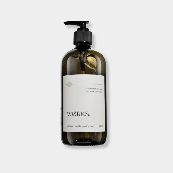 Works Hand Soap Vetiver 500ml in refillable smoky grey glass bottle with natural botanical ingredients and pump dispenser