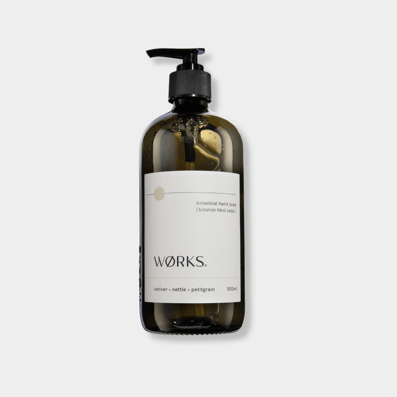 Works Hand Soap Vetiver 500ml in refillable smoky grey glass bottle with natural botanical ingredients and pump dispenser