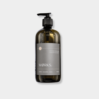 Works Body Soap amber scent in 500ml amber glass pump bottle with minimalist label