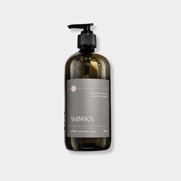 Works Body Soap amber scent in 500ml amber glass pump bottle with minimalist label
