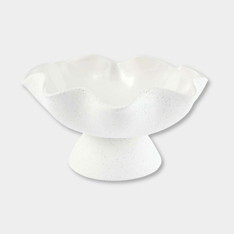 Ripple White Pedestal Bowl ceramic fruit bowl with glossy interior and textured exterior
