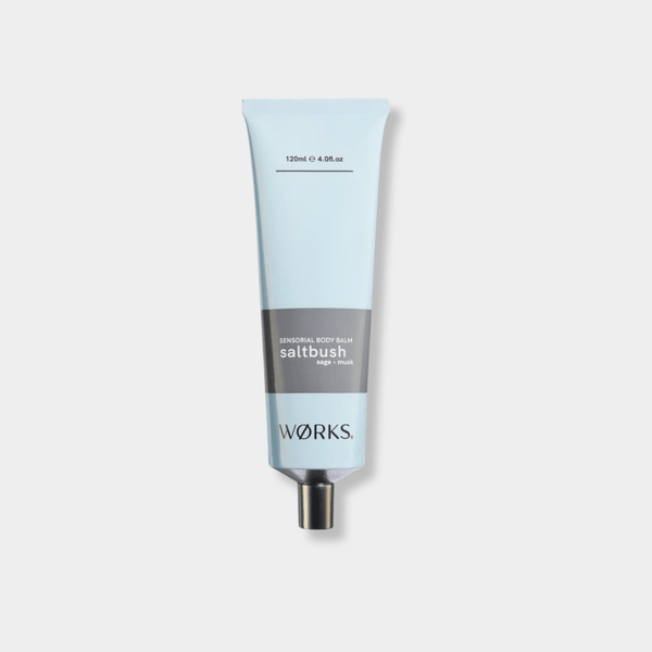 Works Body Balm Saltbush in a 120ml recyclable aluminium tube with earthy coastal fragrance and moisturizing plant-based ingredients.