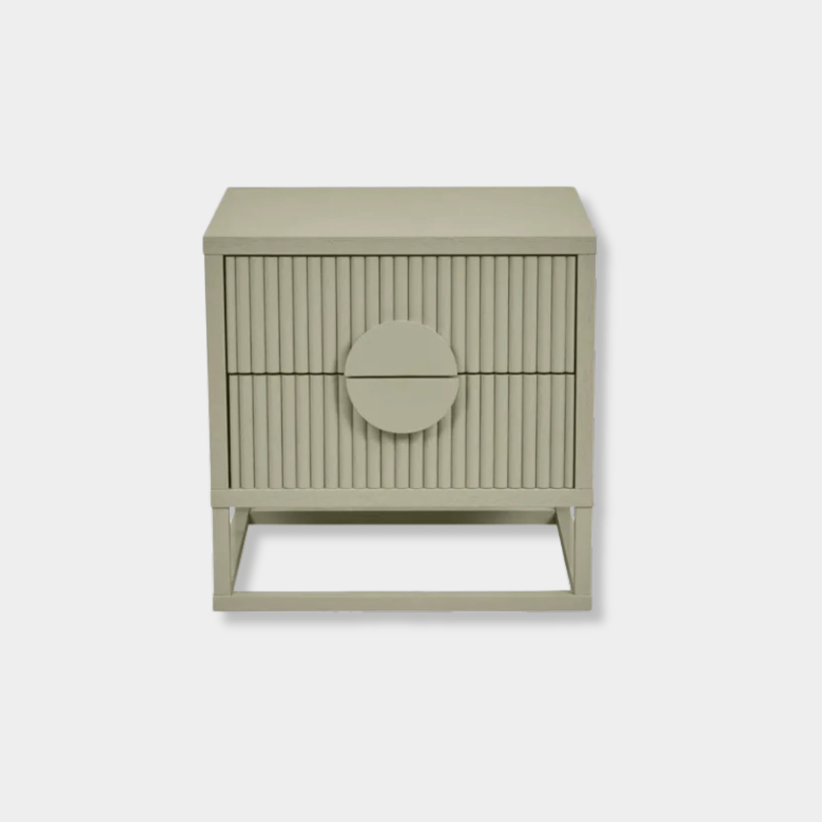 Putty Globe West Benjamin Ripple Bedside table with ripple texture and circular handle, two drawers, timber construction