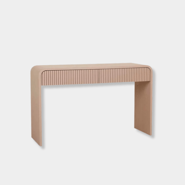GlobeWest Chloe Channel Console in chai ash veneer with curved edges and slatted drawer design, stylish art deco console table