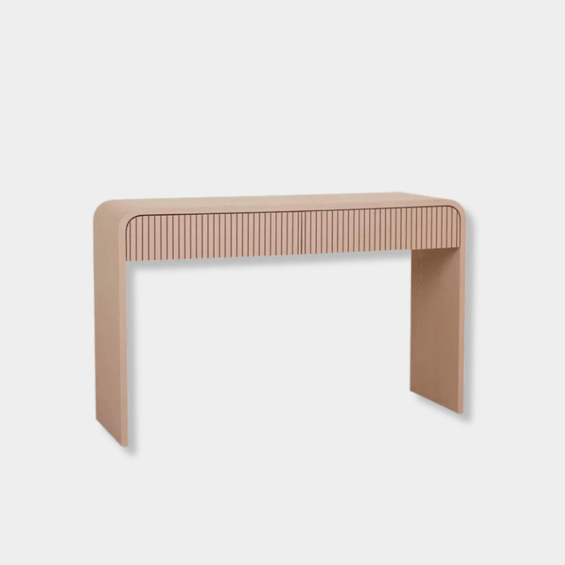 GlobeWest Chloe Channel Console in chai ash veneer with curved edges and slatted drawer design, stylish art deco console table