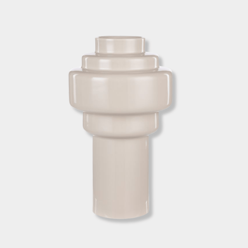 Large Amalfi Merrik Vase in moonbeam oat color with tall geometric shape and high-gloss ceramic finish