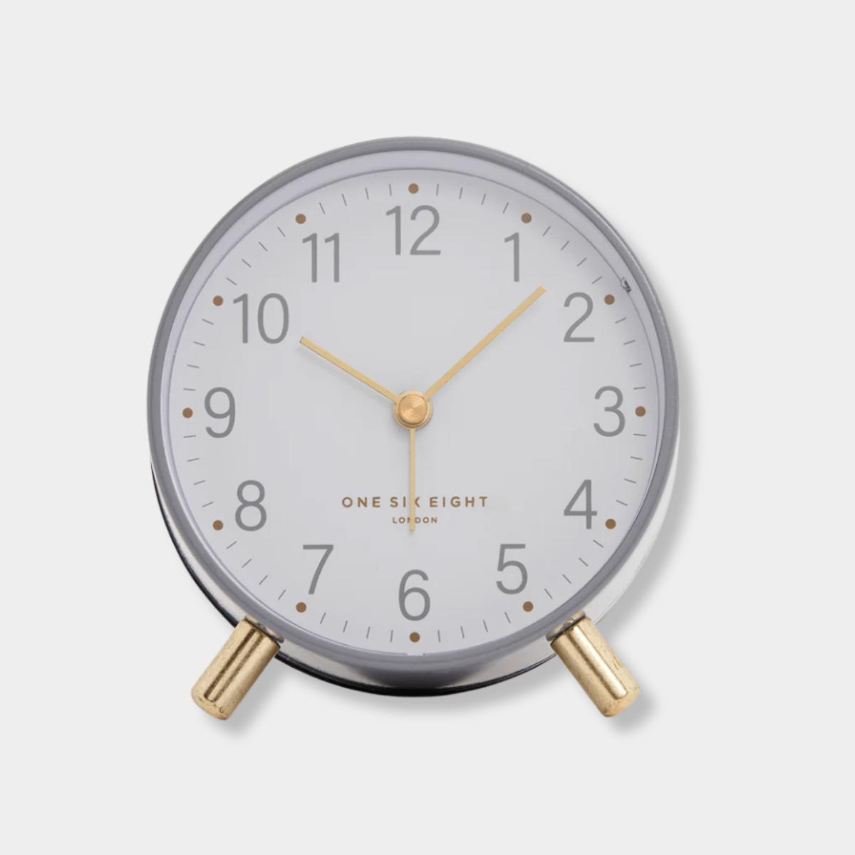 Maisie Silent Tick Alarm Clock in grey with gold hands and legs, vintage style with alarm and nightlight functions