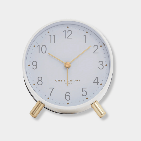 Maisie Silent Tick Alarm Clock white with gold accents and vintage design