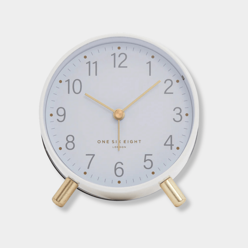 Maisie Silent Tick Alarm Clock white with gold accents and vintage design