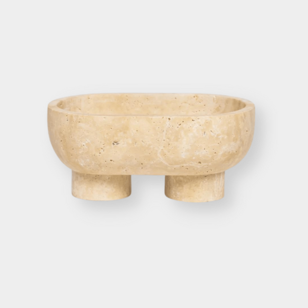 CoTheory Travertine Footed Oval Tray, Beige Travertine | Norsu Interiors