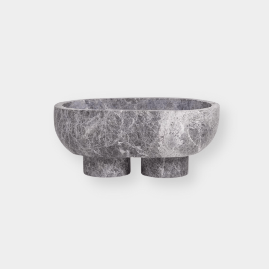 CoTheory Marble Footed Oval Tray in Tundra Grey Marble with sculptural stone design and dual pedestal base