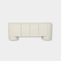 GlobeWest Pluto Buffet in porcelain with rounded silhouette and circular legs, featuring ash veneer and MDF construction with four doors for storage.