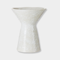 White ceramic Vance Vessel with reactive glaze and tapered cone design for home decor