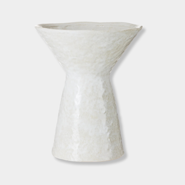 White ceramic Vance Vessel with reactive glaze and tapered cone design for home decor