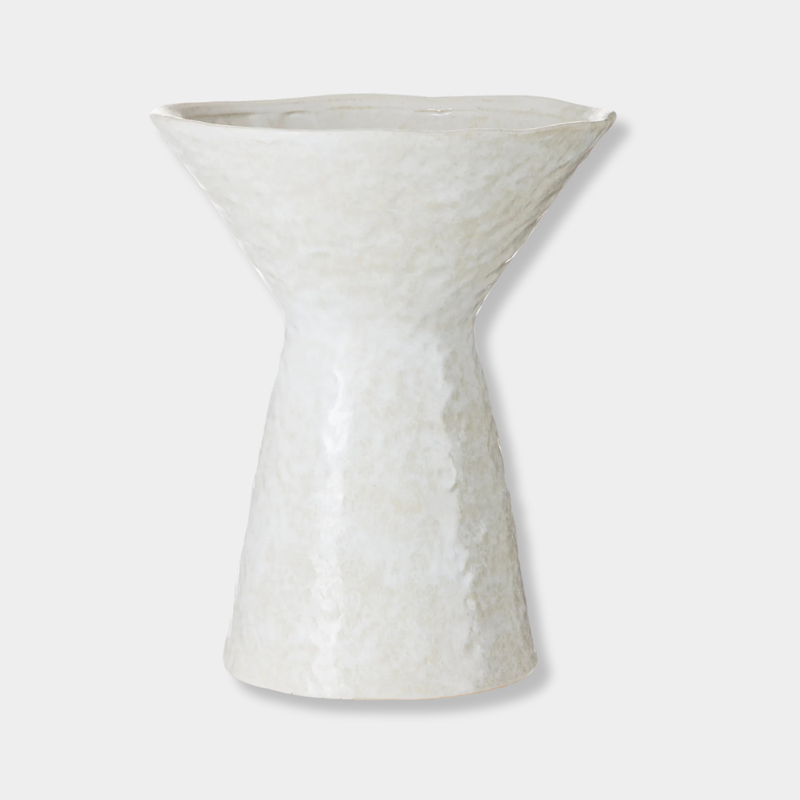 White ceramic Vance Vessel with reactive glaze and tapered cone design for home decor