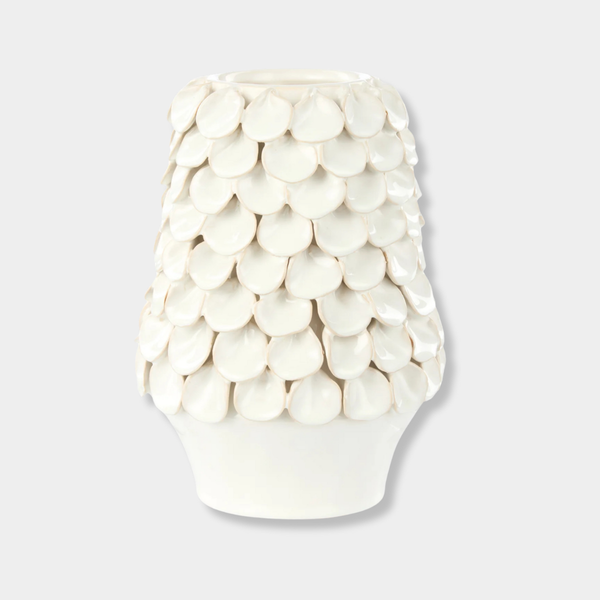 Medium white Flor ceramic handmade vase with scale-inspired texture and sculptural silhouette