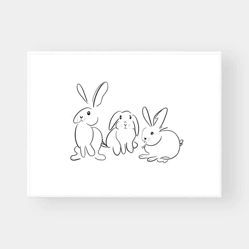 Minimalist black and white line art print of three rabbits titled Gigi's Rabbits wall art.