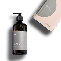 Works Body Soap amber 500ml bottle and 1-litre refill pack with warm amber, lavandin, and clove scent in minimalist packaging