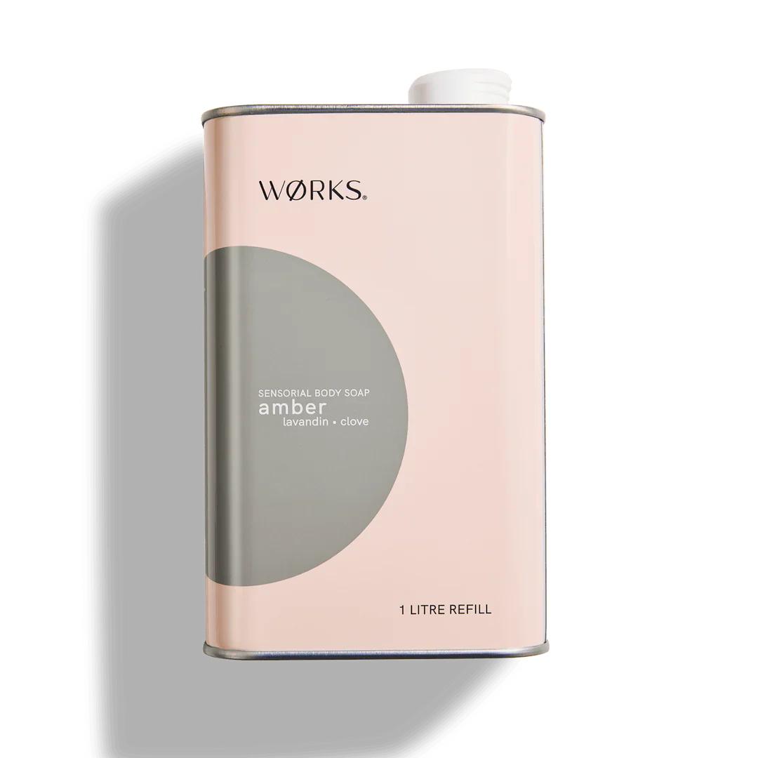 Works Body Soap Amber 1L aluminium refill canister with amber, lavandin, and clove scent, eco-friendly and recyclable packaging