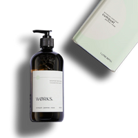 Works Hand Soap cumquat jasmine moss in refillable smoky grey glass bottle with pump dispenser and 1 litre refill pack