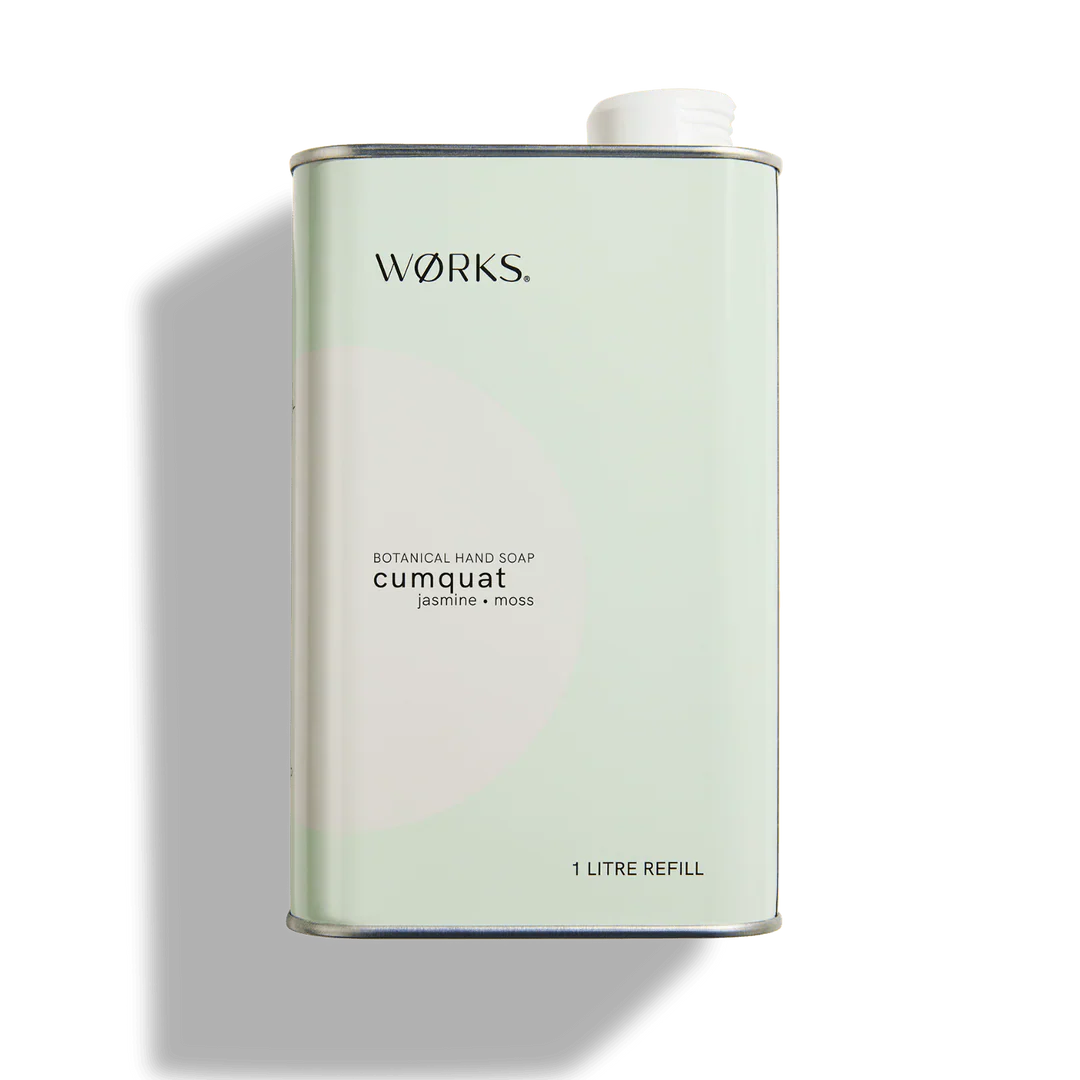 Works Hand Soap Cumquat 1L aluminium refill canister with pourer, recyclable and sustainable packaging
