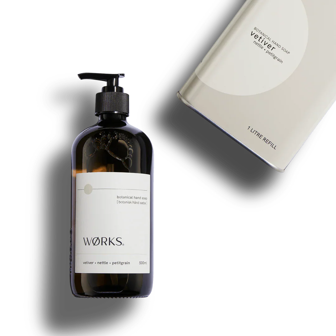 Works Hand Soap Vetiver 500ml bottle with refill pack, botanical liquid soap with vetiver and petitgrain fragrance in smoky grey glass bottle