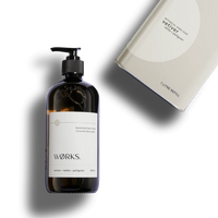 Works Hand Soap Vetiver 500ml bottle with refill pack, botanical liquid soap with vetiver and petitgrain fragrance in smoky grey glass bottle