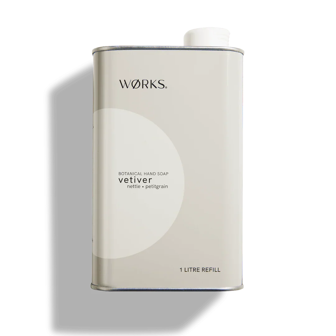 Works Hand Soap Vetiver 1L refill aluminium canister with pourer, eco-friendly and recyclable packaging