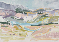 Marcia Priestley limited edition fine art canvas print titled Westward with abstract pastel landscape and optional floating oak frame.