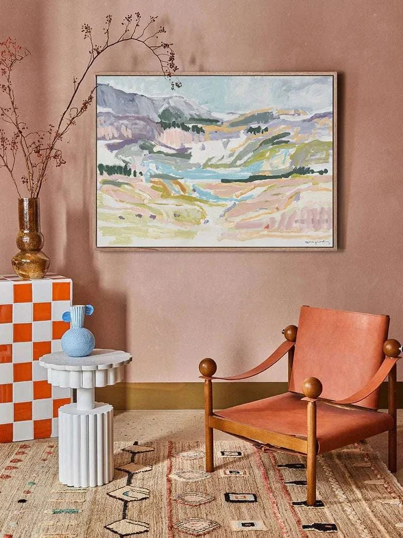 Marcia Priestley limited edition fine art canvas print Westward in floating oak frame displayed in modern living room setting