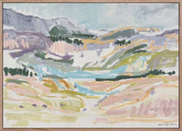 Limited edition Marcia Priestley fine art canvas print "Westward" with abstract landscape in soft pastel tones, framed in floating natural oak.