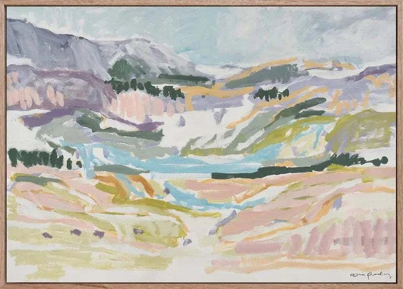 Limited edition Marcia Priestley fine art canvas print "Westward" with abstract landscape in soft pastel tones, framed in floating natural oak.