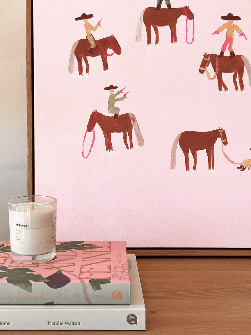 Oak framed Lottie Rae Gangstas' Paradise 11 fine art canvas print on pink background with cowboys on horses