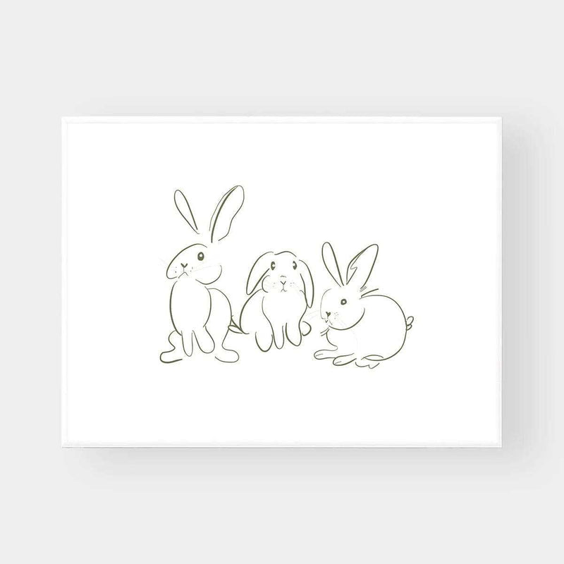 Minimalist line art illustration of three white rabbits with green accents on premium fine art paper wall print titled Gigi's Rabbits