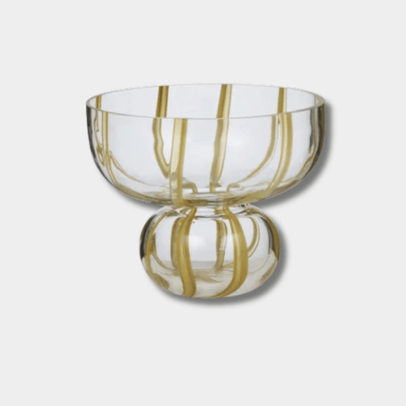 Willow Glass Vase with clear glass and mustard swirls, sculptural silhouette, 25x20cm decorative bowl.